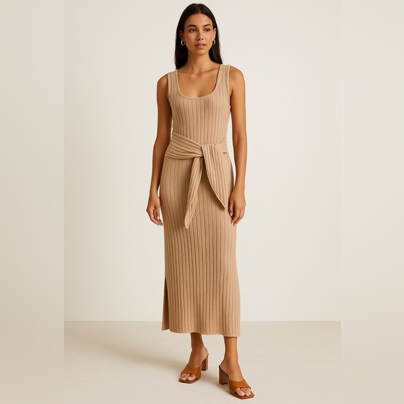 Sancia Ribbed Knit Maxi Dress XS Tan Beige Cotton Sleeveless Belted Tie  Front